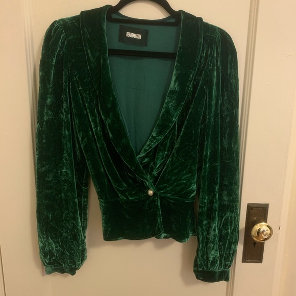 Reformation Tops Reformation Emerald Green Velvet Wrap Top Poshmark